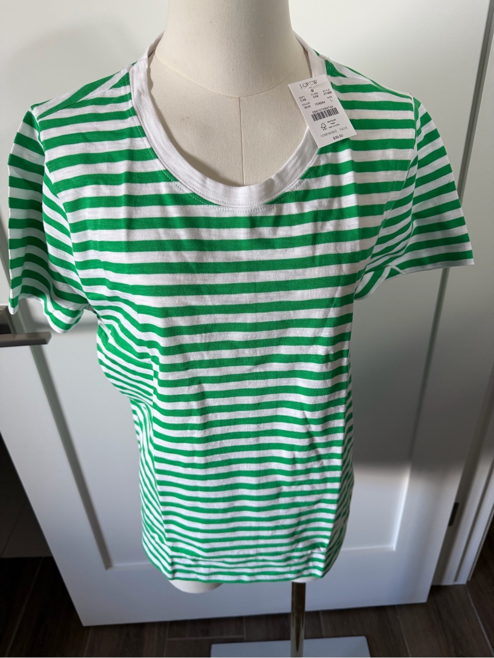 J. Crew White and Green Striped Short-Sleeve Tee